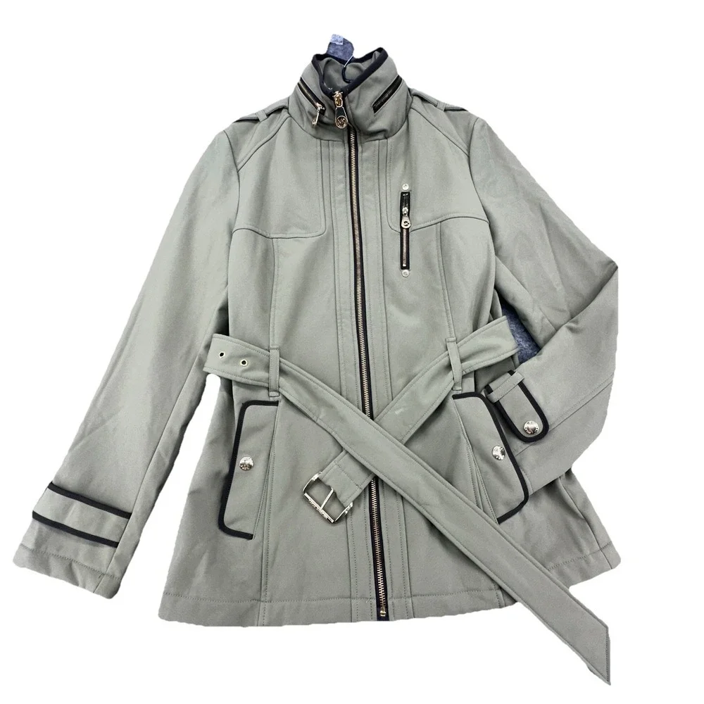 Michael Kors Belted Softshell Jacket Sage‎ Green Zip Hooded Moto Coat Size Small